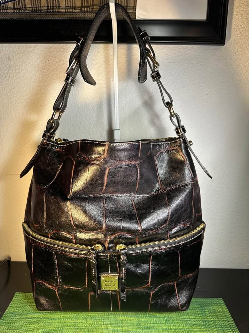 Vintage Dooney & Bourke Dark Brown Croc-Embossed Leather Hobo Shoulder Bag